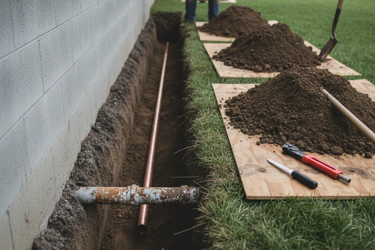Excavated water line trench during Sewer Line Repair in Jersey City